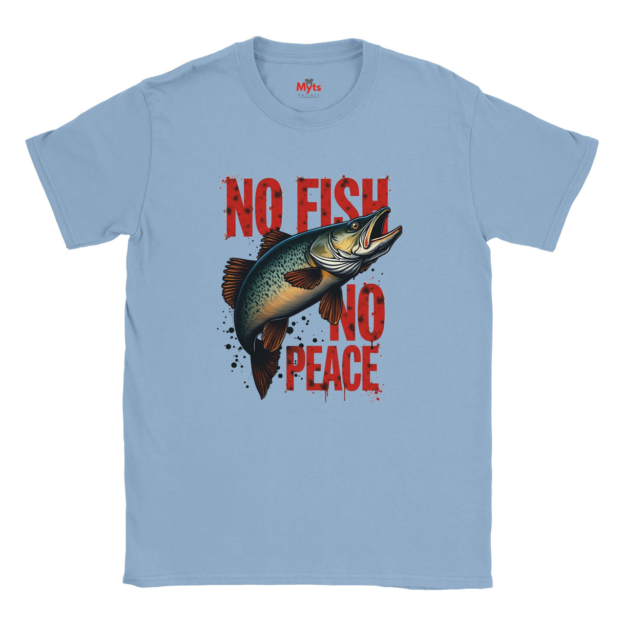 Light blue t-shirt with a fish graphic and 'No Fish No Peace' text on a white background