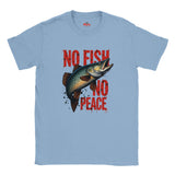 Light blue t-shirt with a fish graphic and 'No Fish No Peace' text on a white background