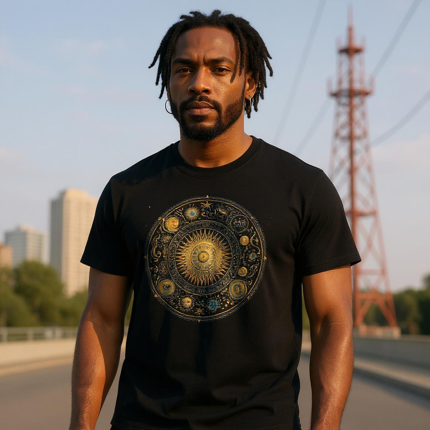 Man wearing a black t-shirt with a circular design, standing outdoors with a cityscape in the background.