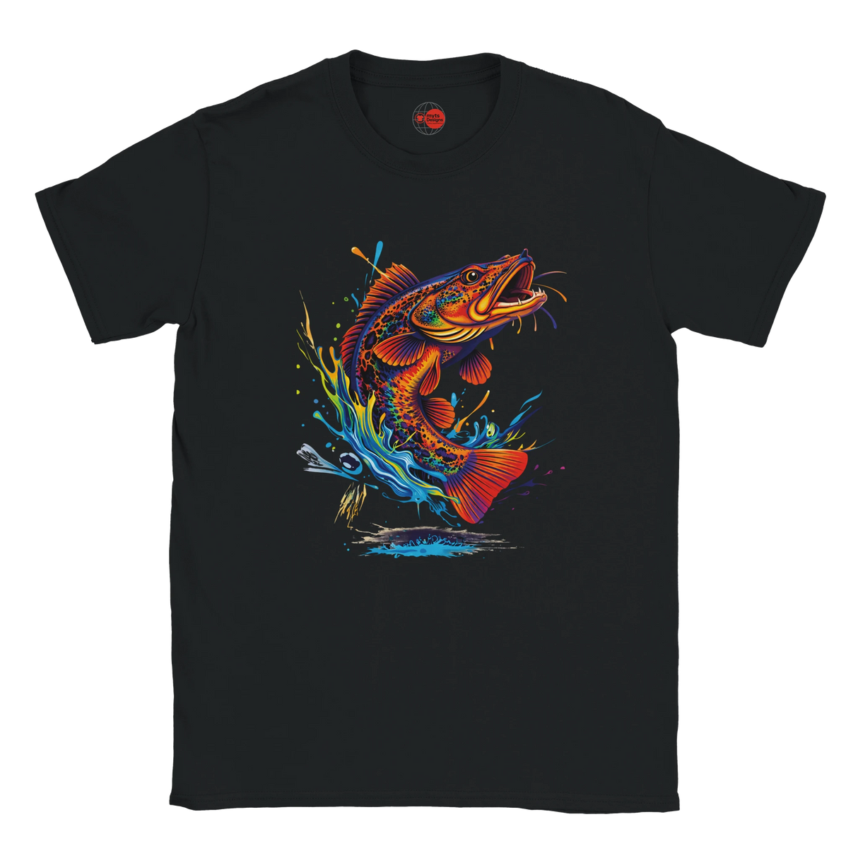 Black t-shirt with a colorful fish graphic on a white background