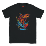 Black t-shirt with a colorful fish graphic on a white background