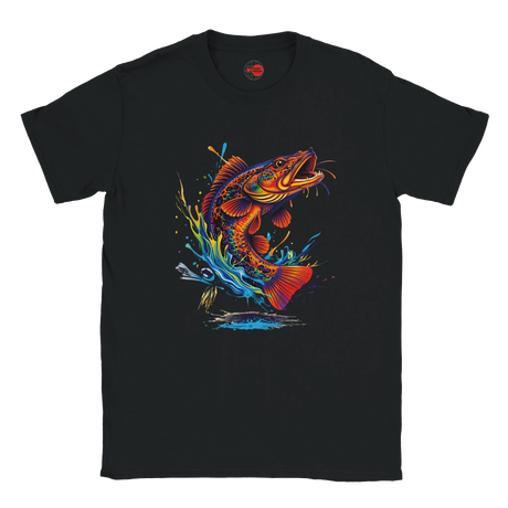 Black t-shirt with a colorful fish graphic on a white background