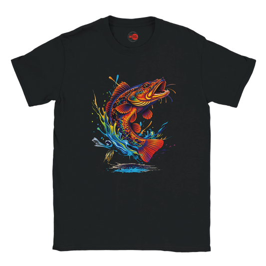 Black t-shirt with a colorful fish graphic on a white background