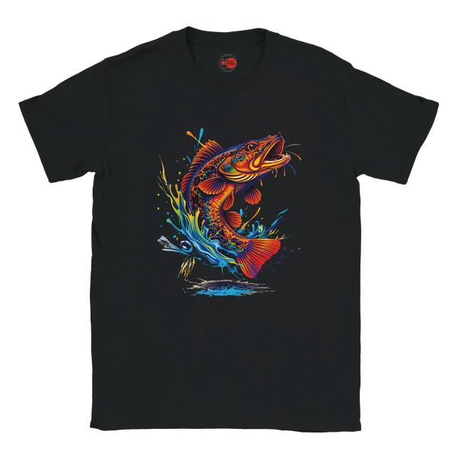 Black t-shirt with a colorful fish graphic on a white background