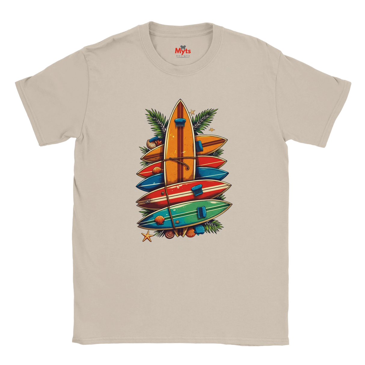 White t-shirt with colorful surfboard design on a white background