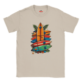 White t-shirt with colorful surfboard design on a white background