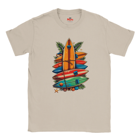 White t-shirt with colorful surfboard design on a white background