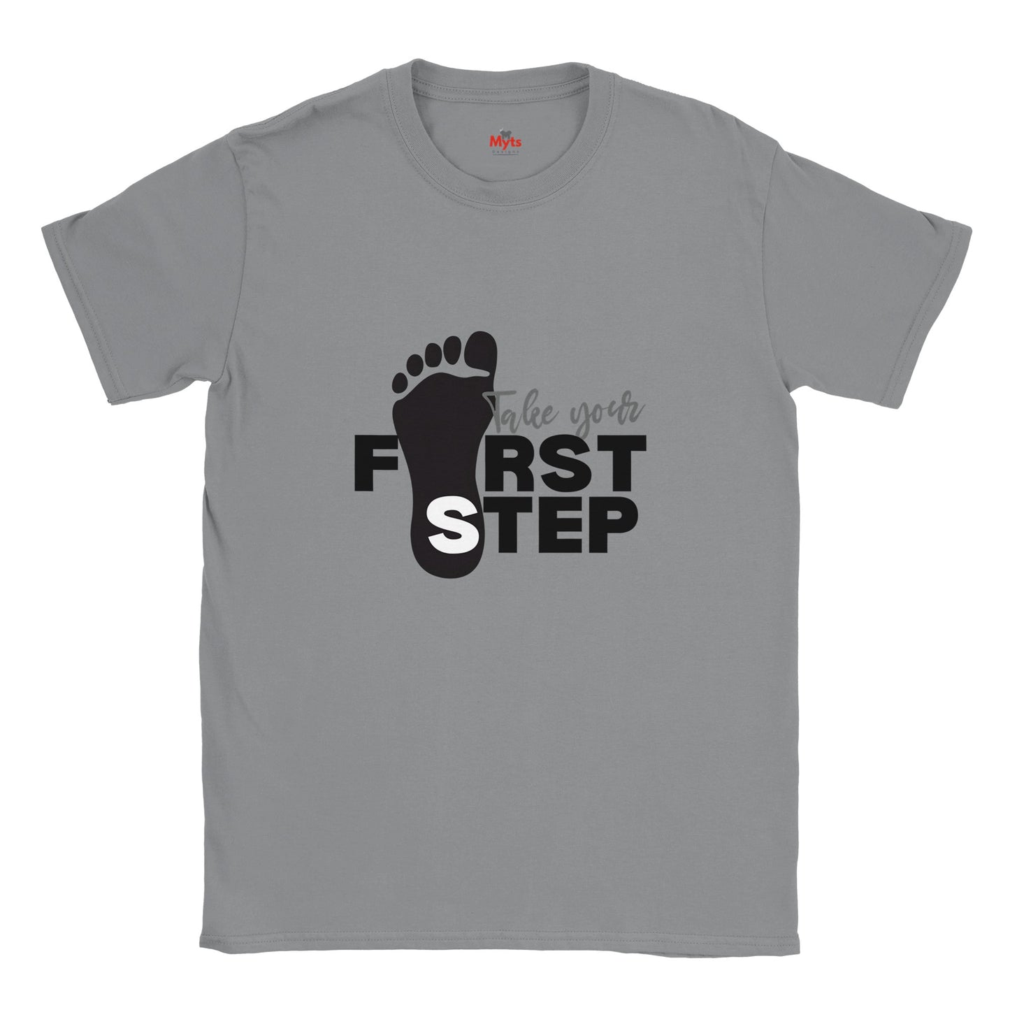 Gray t-shirt with black footprints and text 'Take your first step' on a white background
