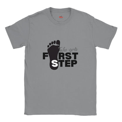 Gray t-shirt with black footprints and text 'Take your first step' on a white background
