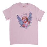 Pink t-shirt with an angel graphic on a white background