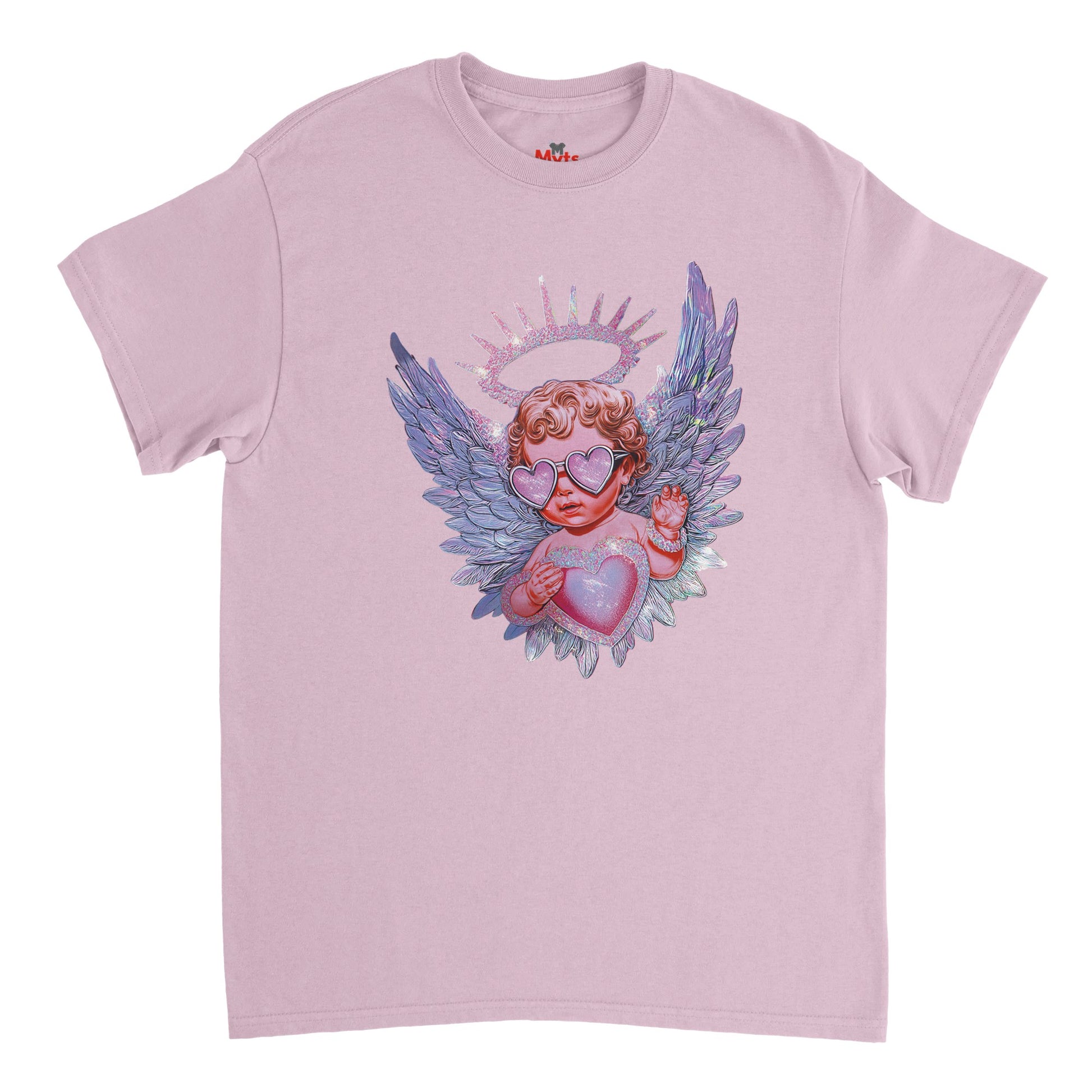 Pink t-shirt with an angel graphic on a white background