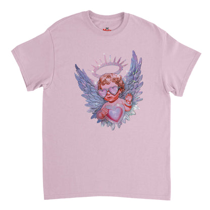 Pink t-shirt with an angel graphic on a white background