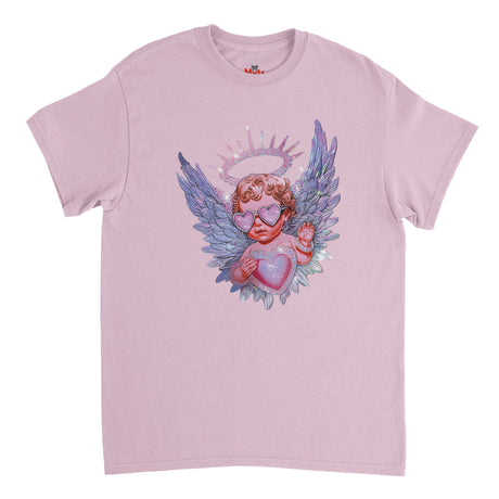 Pink t-shirt with an angel graphic on a white background