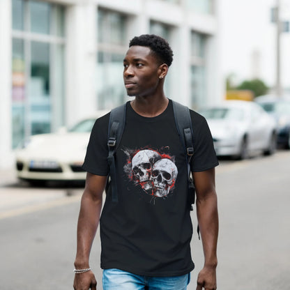 A man wearing a black t-shirt with a skull design is walking on a street.