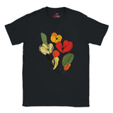 Black t-shirt featuring minimalist floral line art with abstract red, yellow, and orange flowers and green leaves, laid flat on a white background
