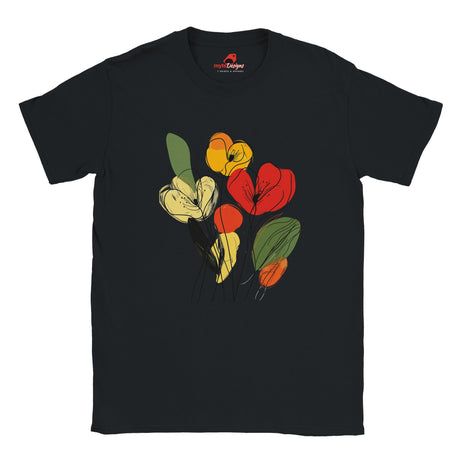 Black t-shirt featuring minimalist floral line art with abstract red, yellow, and orange flowers and green leaves, laid flat on a white background