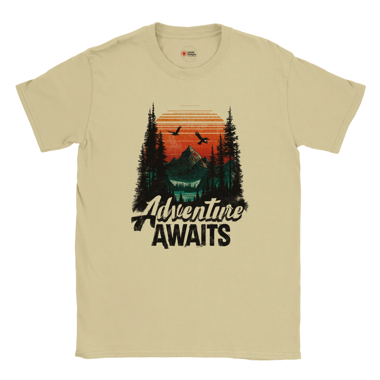 Natural t-shirt with 'Adventure Awaits' graphic design on a white background