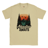 Natural t-shirt with 'Adventure Awaits' graphic design on a white background