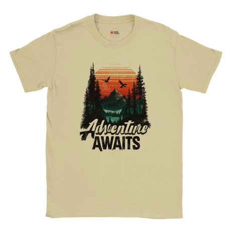 Natural t-shirt with 'Adventure Awaits' graphic design on a white background