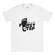 White t-shirt with black footprints and text 'Take your First Step' on a white background