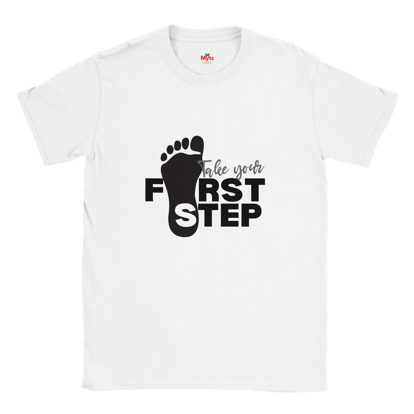 White t-shirt with black footprints and text 'Take your First Step' on a white background