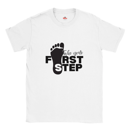 White t-shirt with black footprints and text 'Take your First Step' on a white background