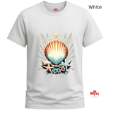 A white short-sleeve crewneck t-shirt featuring a central graphic of a seashell, starfish, and seagrass in warm beige, orange, and blue tones. The brand name 'Myts' is visible on the inner neck label and as a watermark in the bottom right corner.