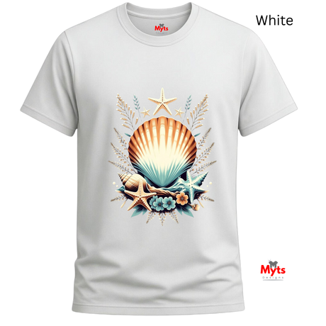 A white short-sleeve crewneck t-shirt featuring a central graphic of a seashell, starfish, and seagrass in warm beige, orange, and blue tones. The brand name 'Myts' is visible on the inner neck label and as a watermark in the bottom right corner.