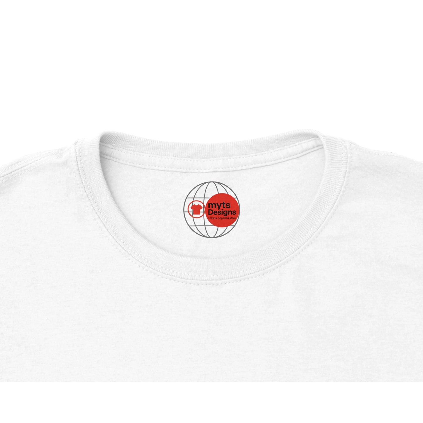White t-shirt with a red and black logo on a white background