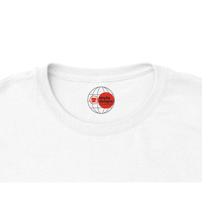 White t-shirt with a red and black logo on a white background