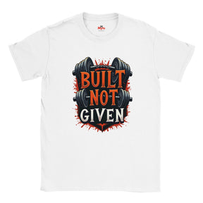White t-shirt with 'Built Not Given' graphic design featuring weights on a white background