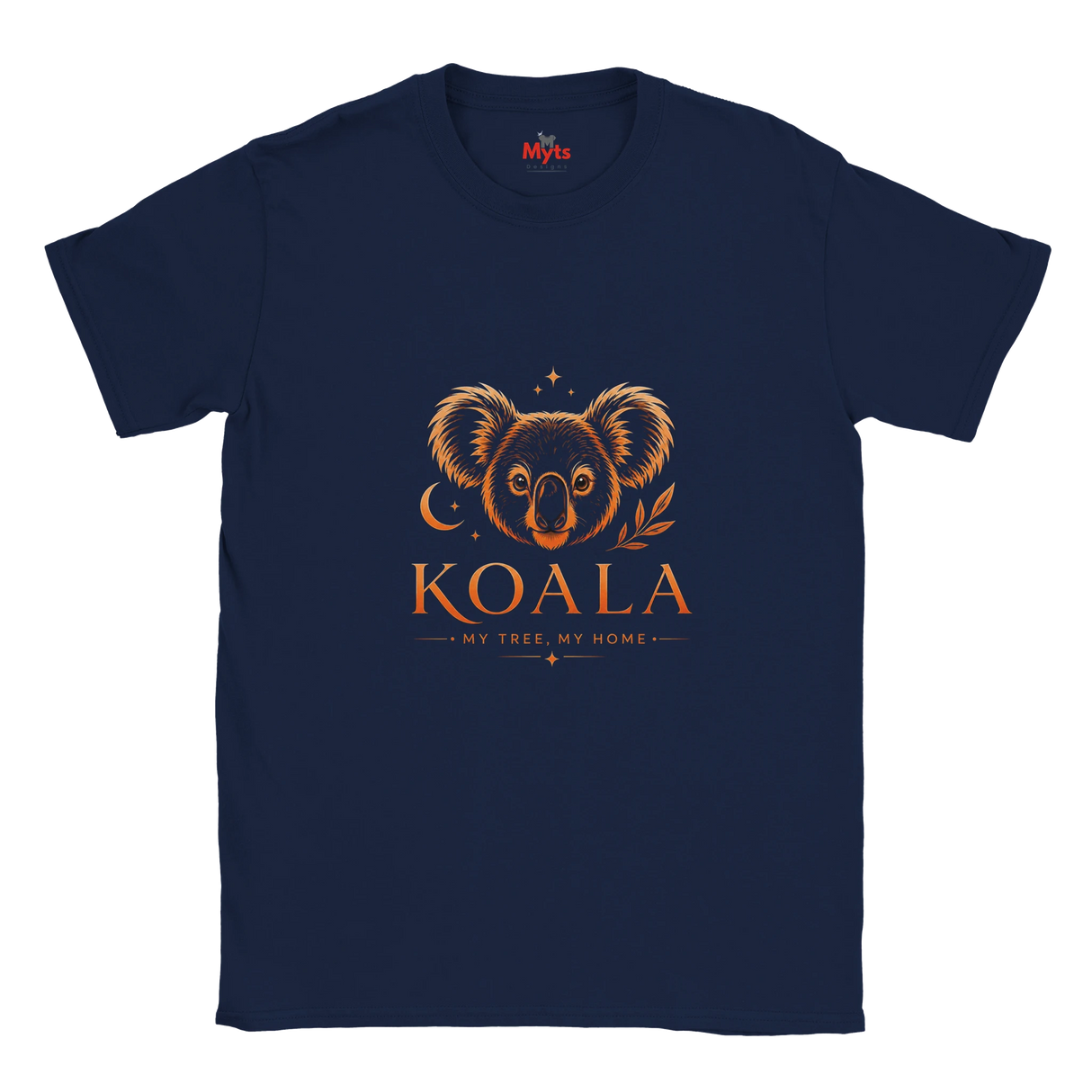 A navy blue short-sleeve t-shirt with a graphic print of a koala face and the text 'KOALA MY TREE MY HOME' in orange and brown tones, displayed on a clean white background.