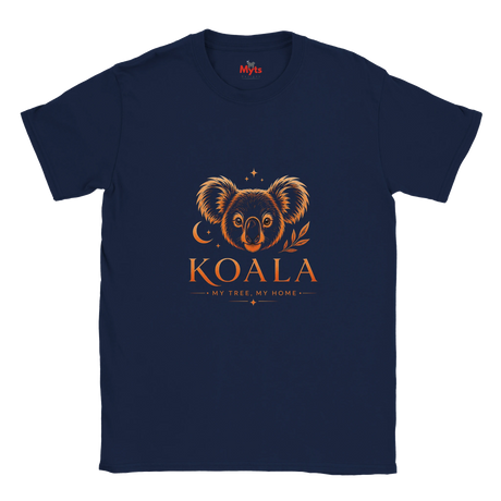 A navy blue short-sleeve t-shirt with a graphic print of a koala face and the text 'KOALA MY TREE MY HOME' in orange and brown tones, displayed on a clean white background.