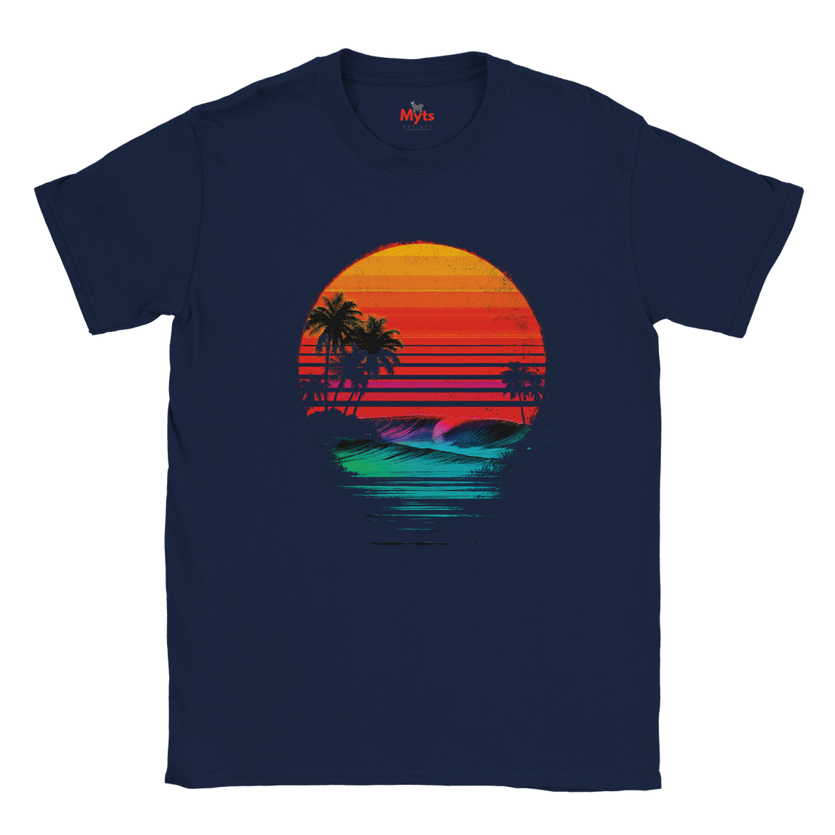 Navy blue t-shirt with a colorful sunset and palm tree design on a white background