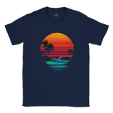 Navy blue t-shirt with a colorful sunset and palm tree design on a white background