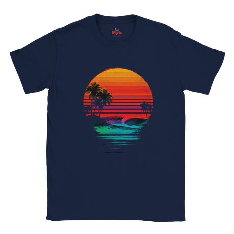 Navy blue t-shirt with a colorful sunset and palm tree design on a white background