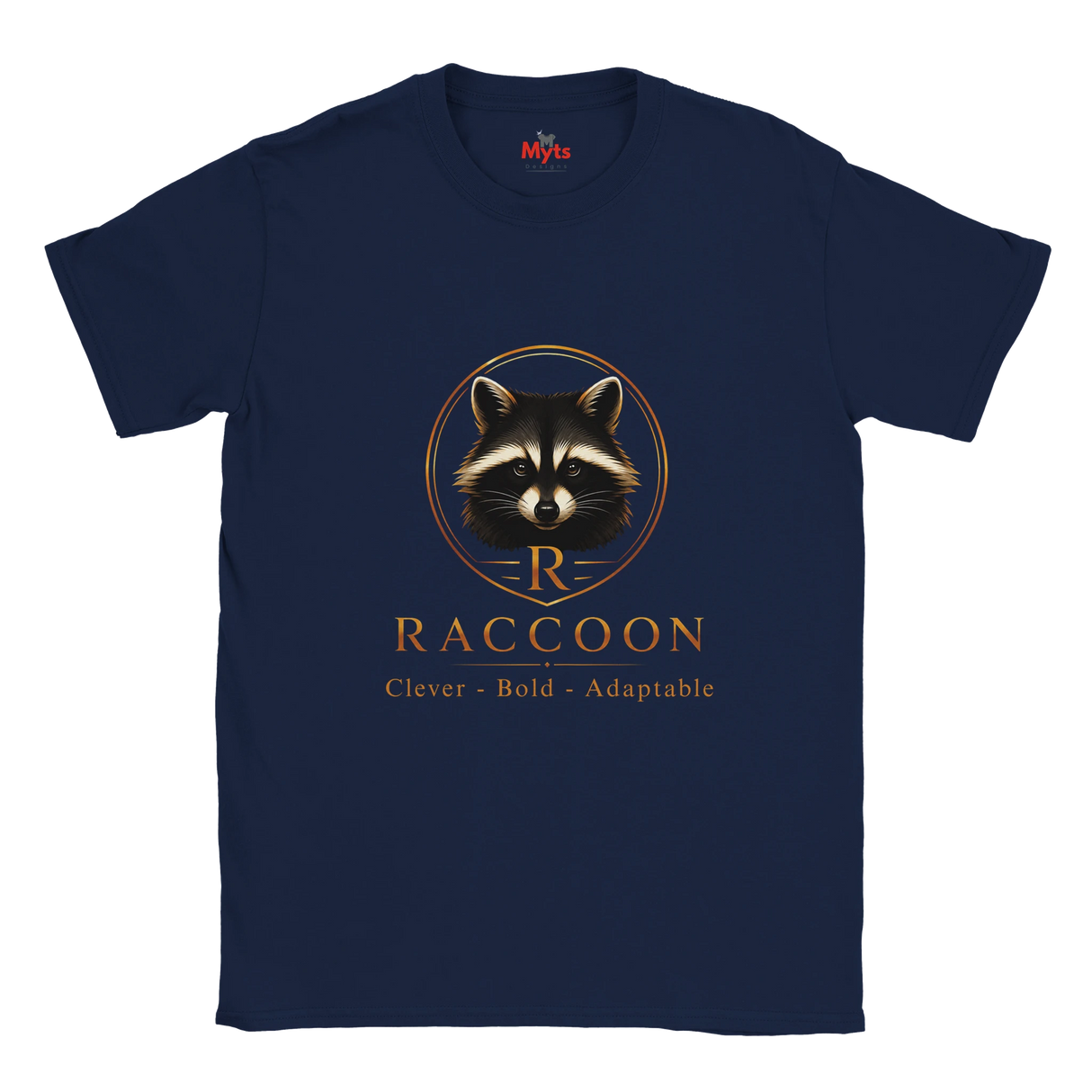 A navy blue short-sleeve t-shirt with a graphic of a raccoon inside a circular frame, with the text 'RACCOON' and 'Clever - Bold - Adaptable' printed below it. The brand name 'Myts' is visible on the inner neck label.