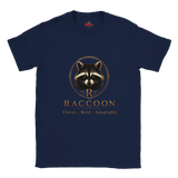 A navy blue short-sleeve t-shirt with a graphic of a raccoon inside a circular frame, with the text 'RACCOON' and 'Clever - Bold - Adaptable' printed below it. The brand name 'Myts' is visible on the inner neck label.