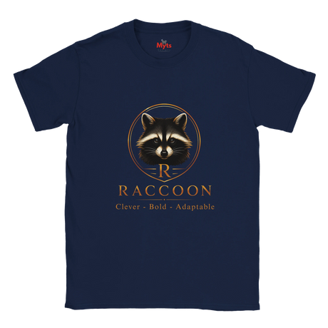 A navy blue short-sleeve t-shirt with a graphic of a raccoon inside a circular frame, with the text 'RACCOON' and 'Clever - Bold - Adaptable' printed below it. The brand name 'Myts' is visible on the inner neck label.