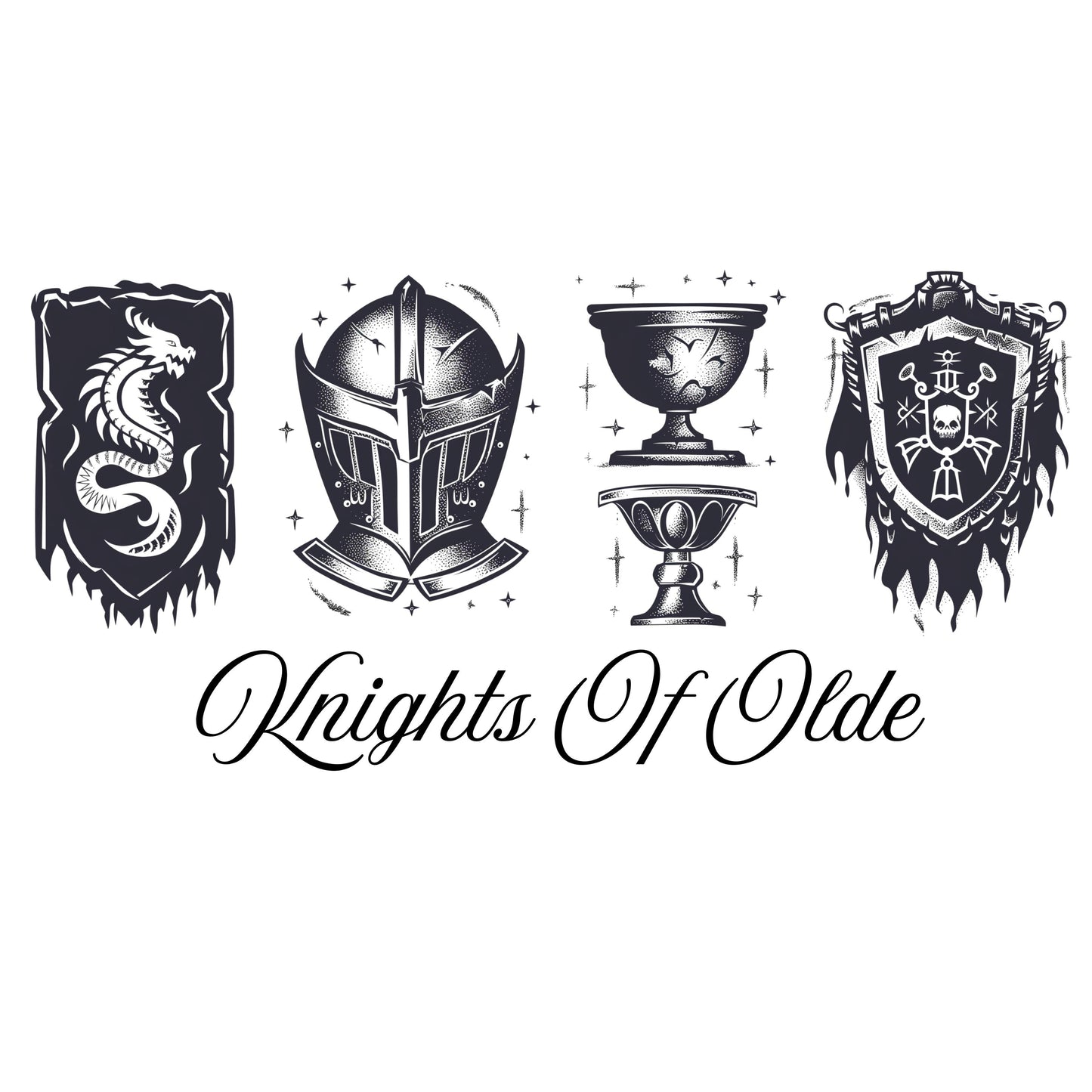 Decorative logo with knight's helmet, shield, and goblet on a white background with 'Knights Of Olde' text.