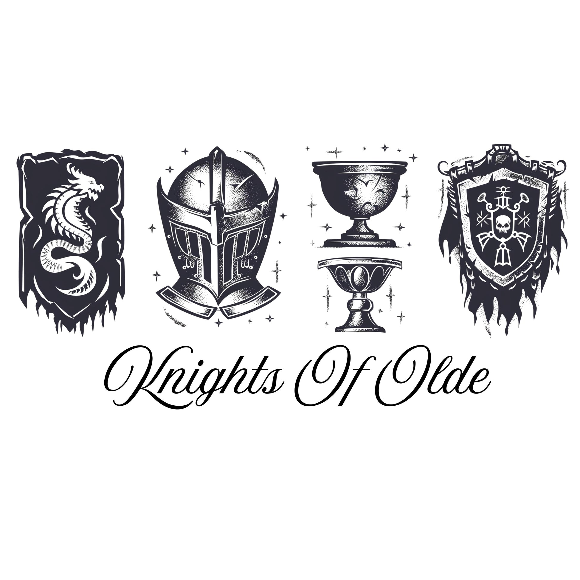 Decorative logo with knight's helmet, shield, and goblet on a white background with 'Knights Of Olde' text.
