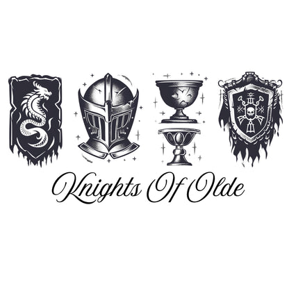 Decorative logo with knight's helmet, shield, and goblet on a white background with 'Knights Of Olde' text.