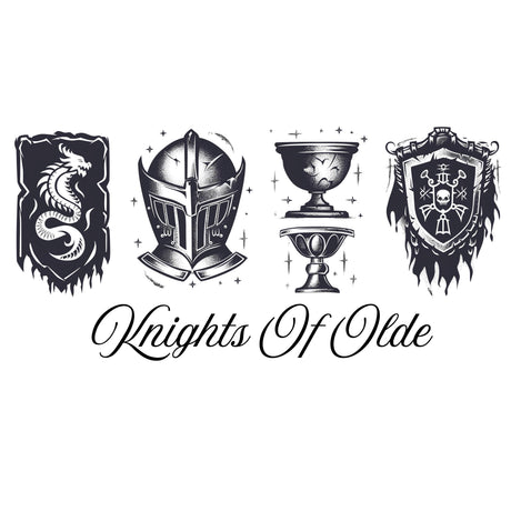 Decorative logo with knight's helmet, shield, and goblet on a white background with 'Knights Of Olde' text.