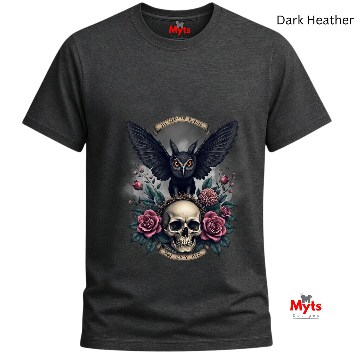 Dark Heather t-shirt with an owl and skull design on a white background