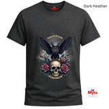 Dark Heather t-shirt with an owl and skull design on a white background