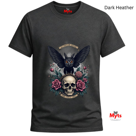Dark Heather t-shirt with an owl and skull design on a white background