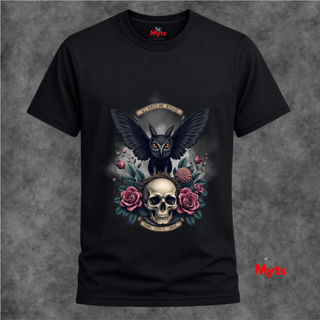 Black t-shirt with a design of a bat, skull, and flowers on a gray background