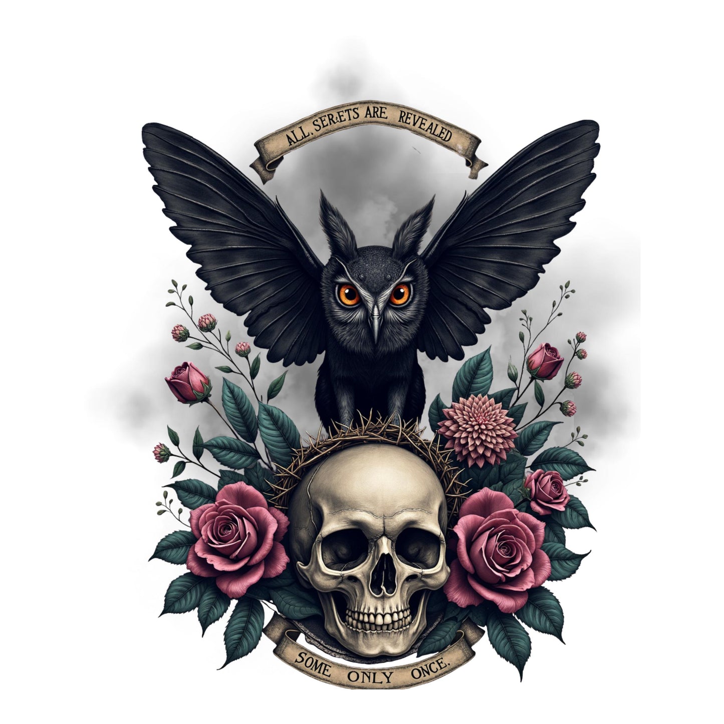 Illustration of an owl with wings spread, surrounded by flowers and a skull, on a white background.