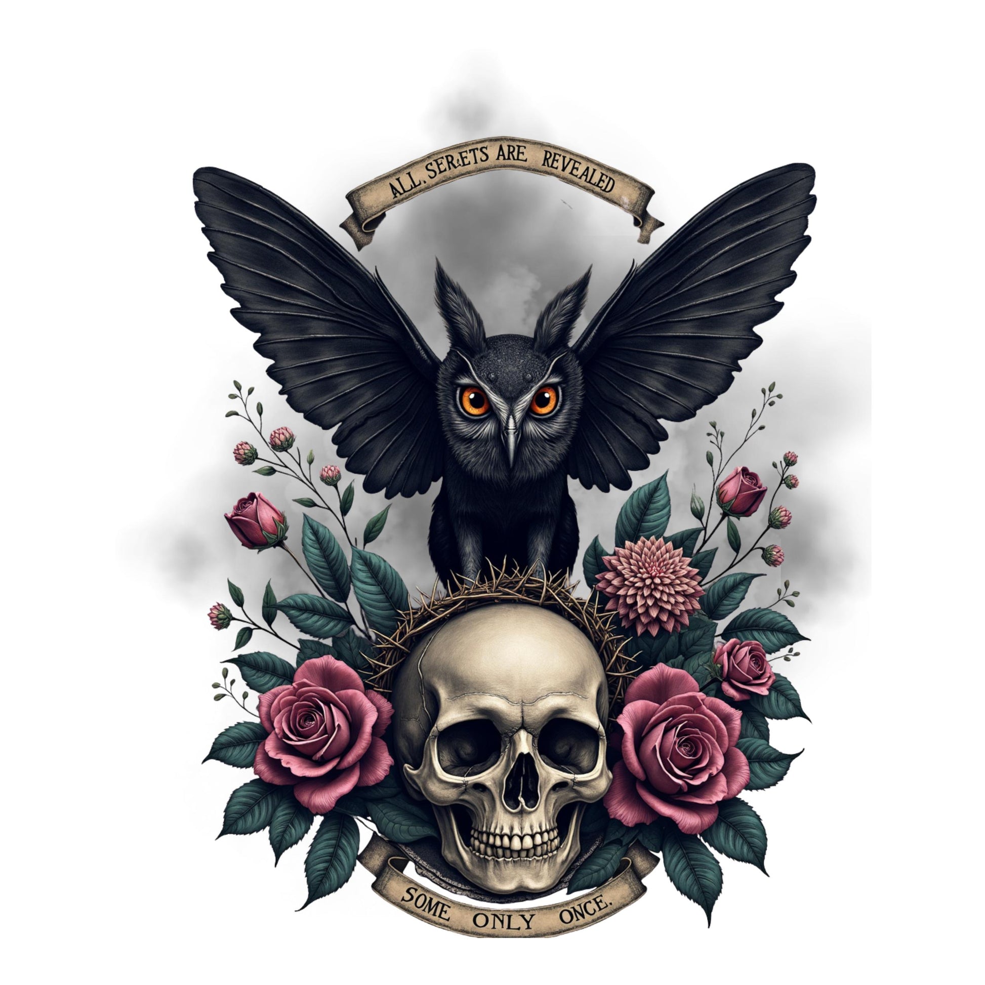 Illustration of an owl with wings spread, surrounded by flowers and a skull, on a white background.
