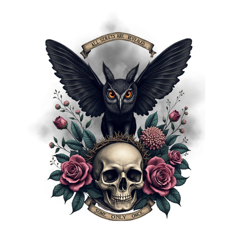 Illustration of an owl with wings spread, surrounded by flowers and a skull, on a white background.